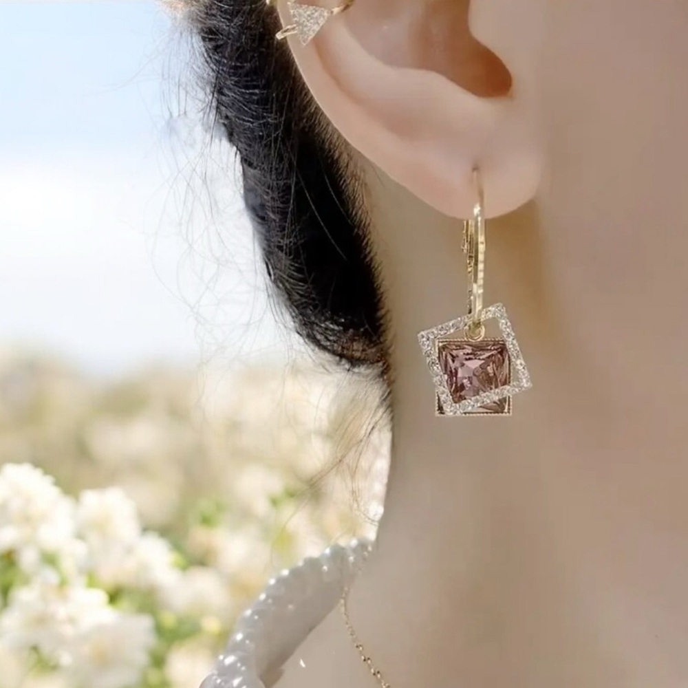 Fashion Hoop Earrings for Women with Square Purple Crystal - Unique Aesthetic